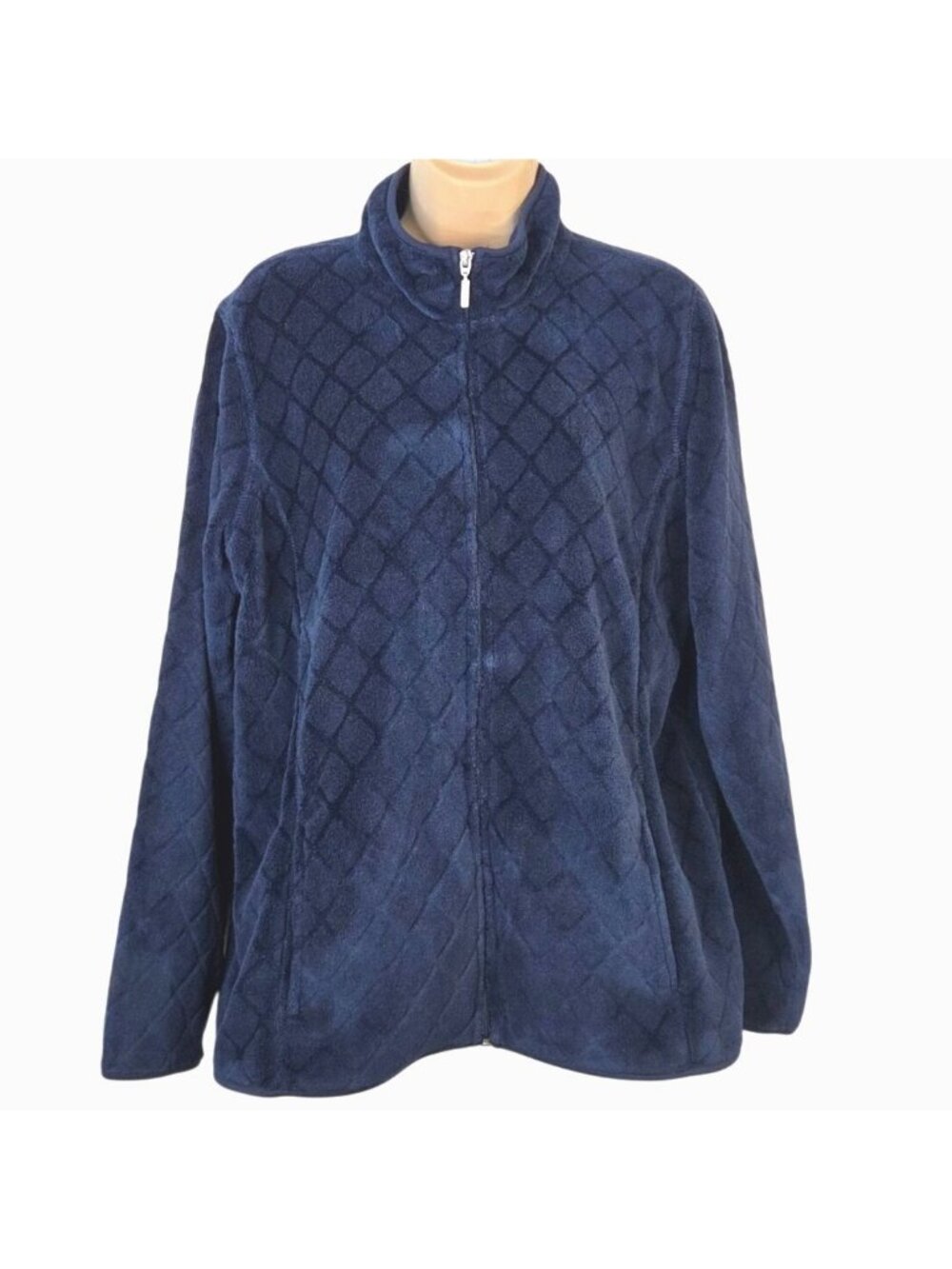 Basic Editions Womens Size XL Navy Diamond Pattern Full-Zip Fleece Jacket Y2k